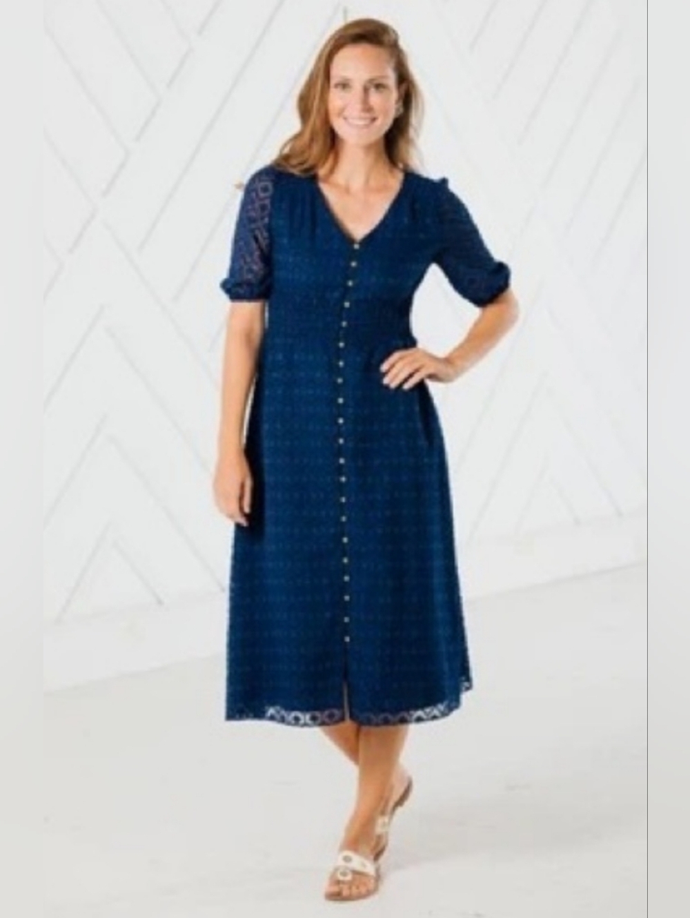 Sail to Sable Navy Jacquard Midi Dress Sz Med